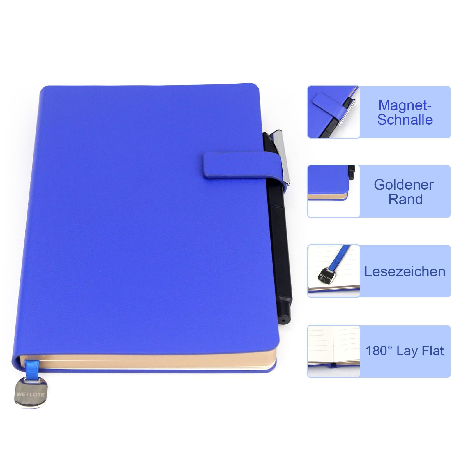 WETLOTE A5 Notebook, Softcover Journal, 212 Pages, Lined Paper with Closure, Ribbon Bookmark & Inner Pocket, for School, Office & Travel, 14 x 21 cm Dark Blue - Image 3