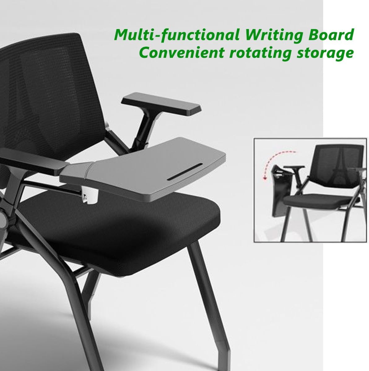 Black Mesh Office Chair with Accached Desk,Folding Guest Reception Chairs with Arm,Stackable Conference Room Chair with Lumbar Support,Event Chair(with Writing Board)