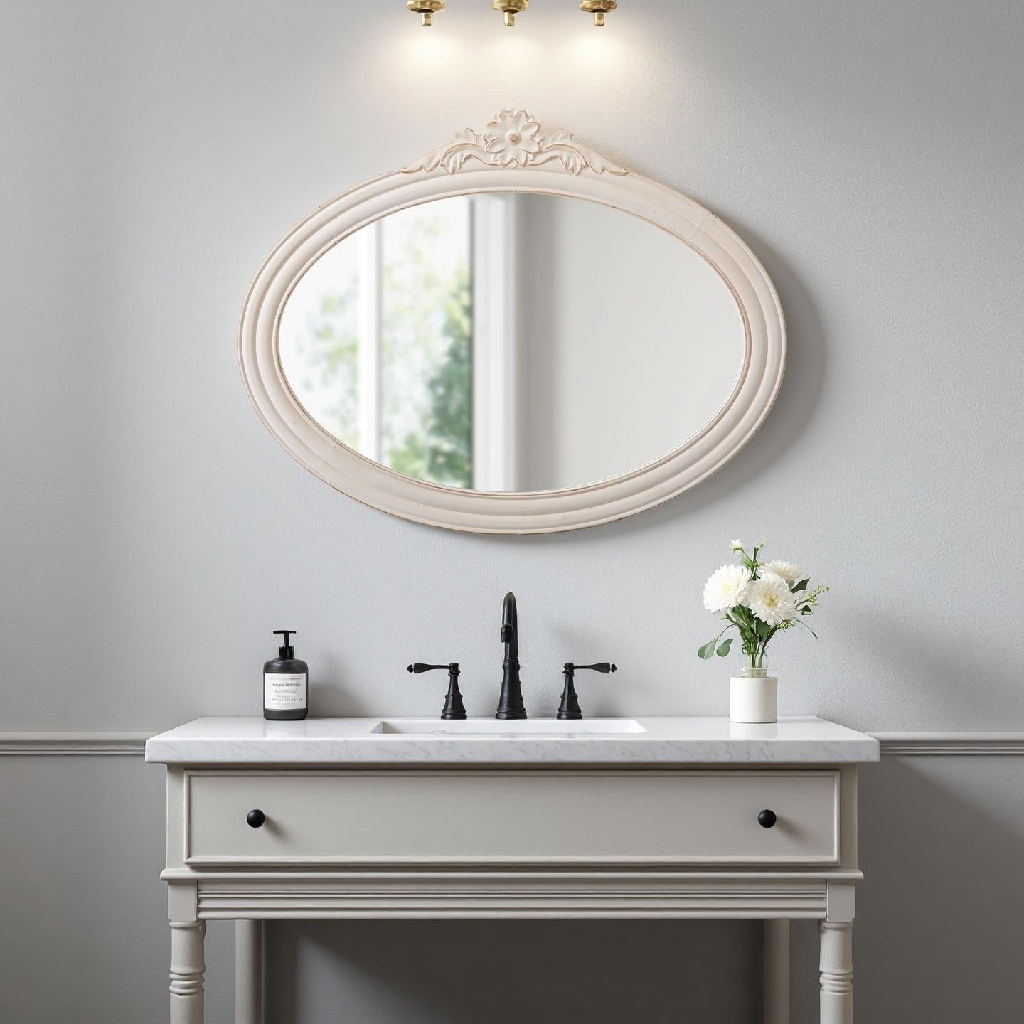 Vintage Oval Mirror 24 X 30 Inch, Hanging Handmade Distressed White Flower Carved Wood Frame Baroque Wall Mirror Decorative for Living Room Bathroom Bedroom Entryway