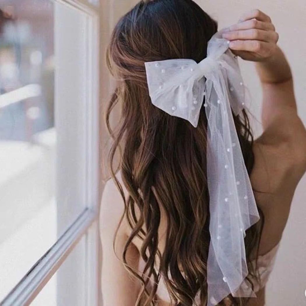 Amazon.com: White Pearl Bridal Hair Bow Clip with Short Veil  display picture 1