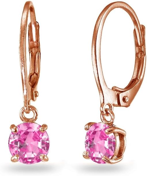 Sterling Silver Created Pink Sapphire 6mm Round Dangle Dainty Leverback Earrings, 3 Metal Options