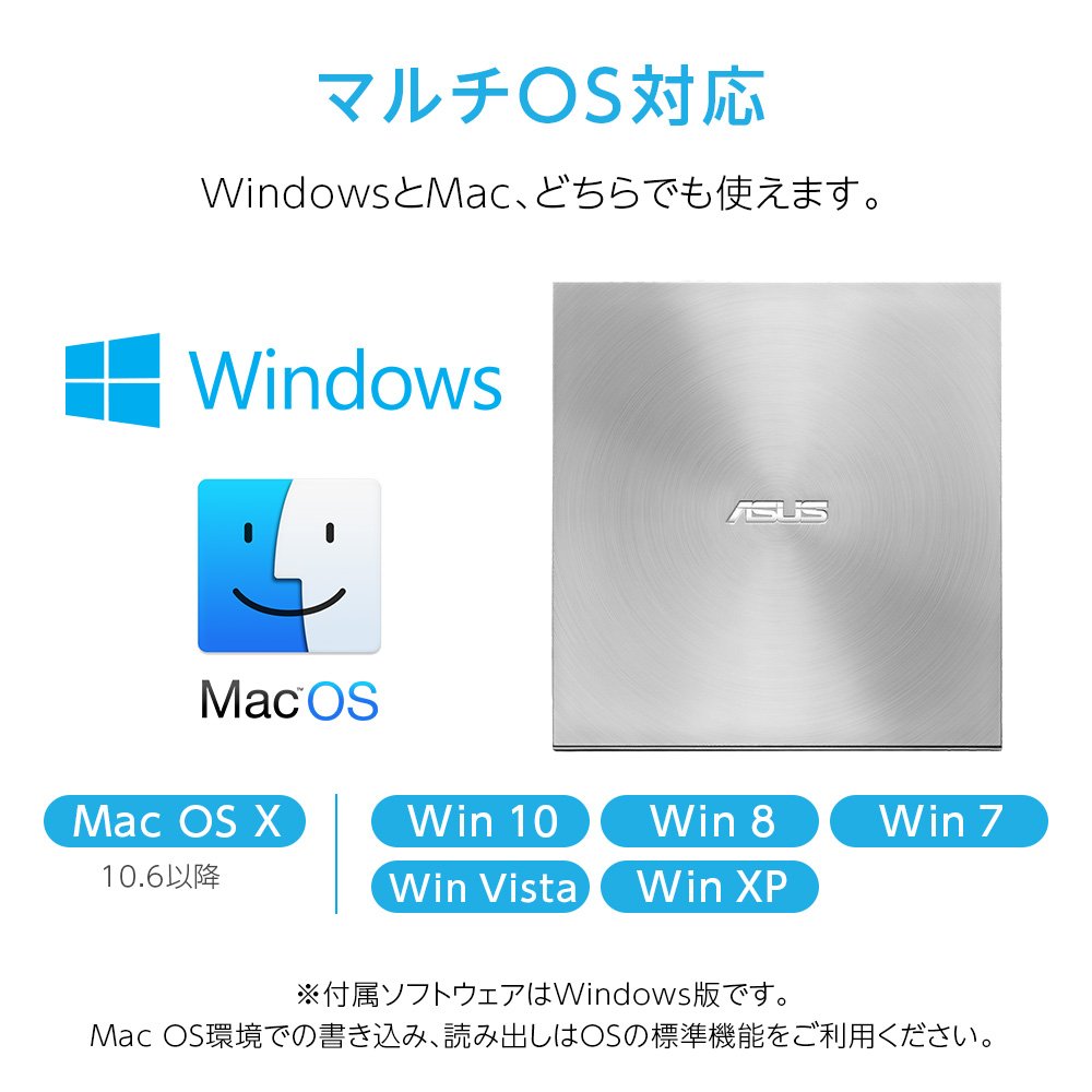 Asus Masterizzatore Esterno ZenDrive U7M (SDRW-08U7M-U/SIL), Lettore CD/DVD, compatibile con Windows e Mac OS, Argento