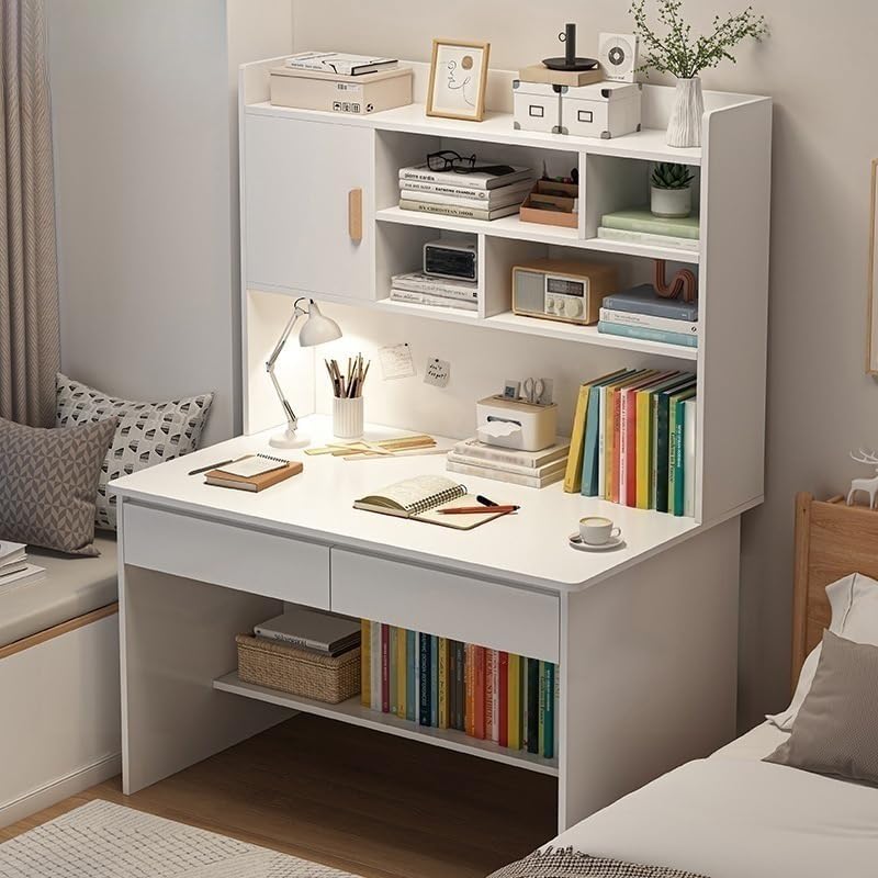 LITFAD Modern Computer Desk Work from Home Desk with Hutch, Bookcase and Integrated Cable Management, Rectangular Wood Office Desk 2 Drawers, 31.5" L x 17.7" W x 59.8" H, White