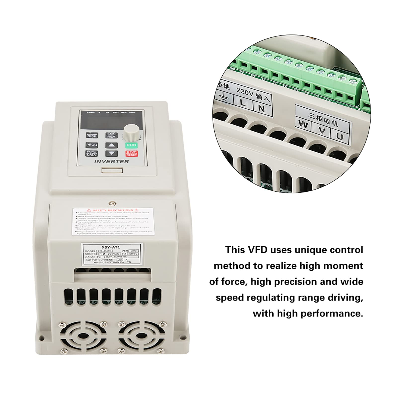 AC 220V/4KW Unidad de Frecuencia Variable MonofáSica, Controlador de Velocidad de Motores VFD (AT1-4000X), Controlador de Voltaje PWM, para Motor de CA TrifáSico