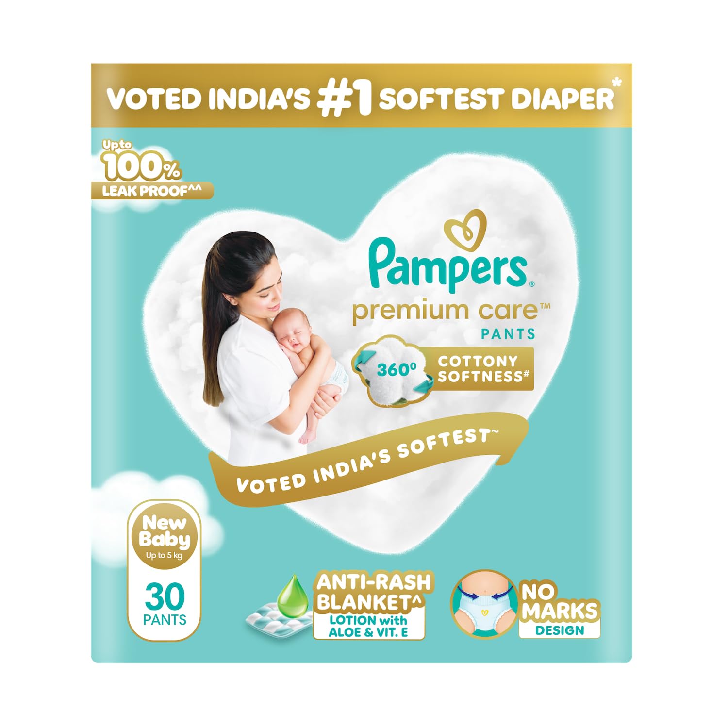 Pampers Premium Care Pant Style Baby Diapers, Newborn (XS), 30 Count, Upto 5 kg, All-in-1 with 360 Cottony Softness Diapers