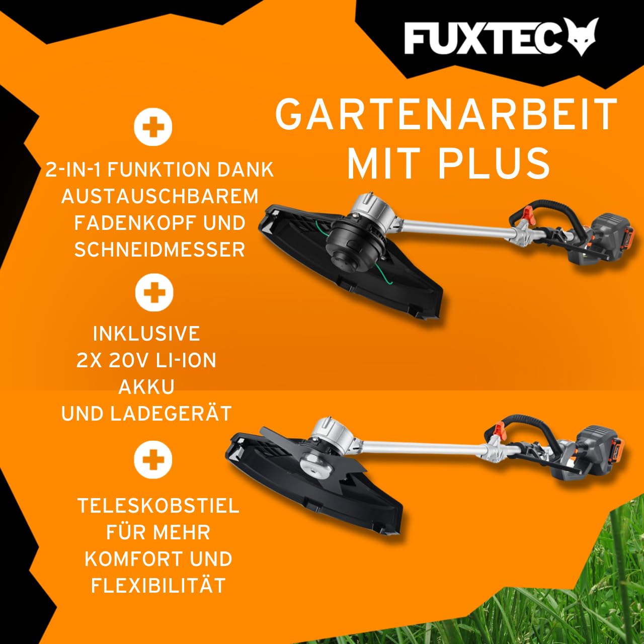 FUXTEC Akku Motorsense 2x20V FX-E2MSSET– Schnittbreite 25,5 – 35cm, 10Kg leicht, bis zu 6000 U/min (mit Akku & Ladegerät)