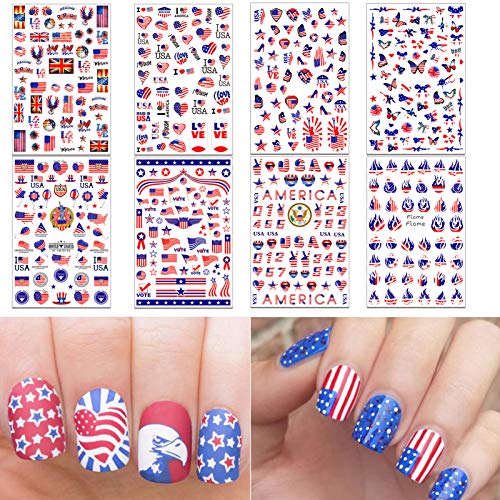 TailaiMei 4th of July Nail Decals Stickers, Self Adhesive Independence Day Patriotic American Flag DIY Design Nail Art Decorations (8 Sheets)