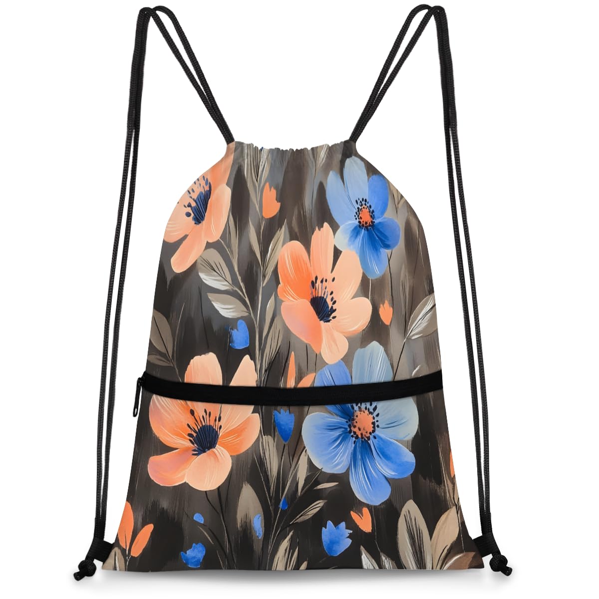 QsirBC Orange Blue Flowers Drawstring Bag for Men &amp; Women, Gym Sports Backpack with Zipper Pocket, Lightweight String Sackpack for Travel, Running, Hiking, Workout