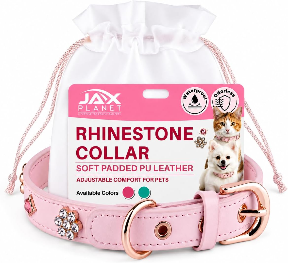 Bling Rhinestone Dog Collar for Small Dogs & Cats - PU Leather, Pink