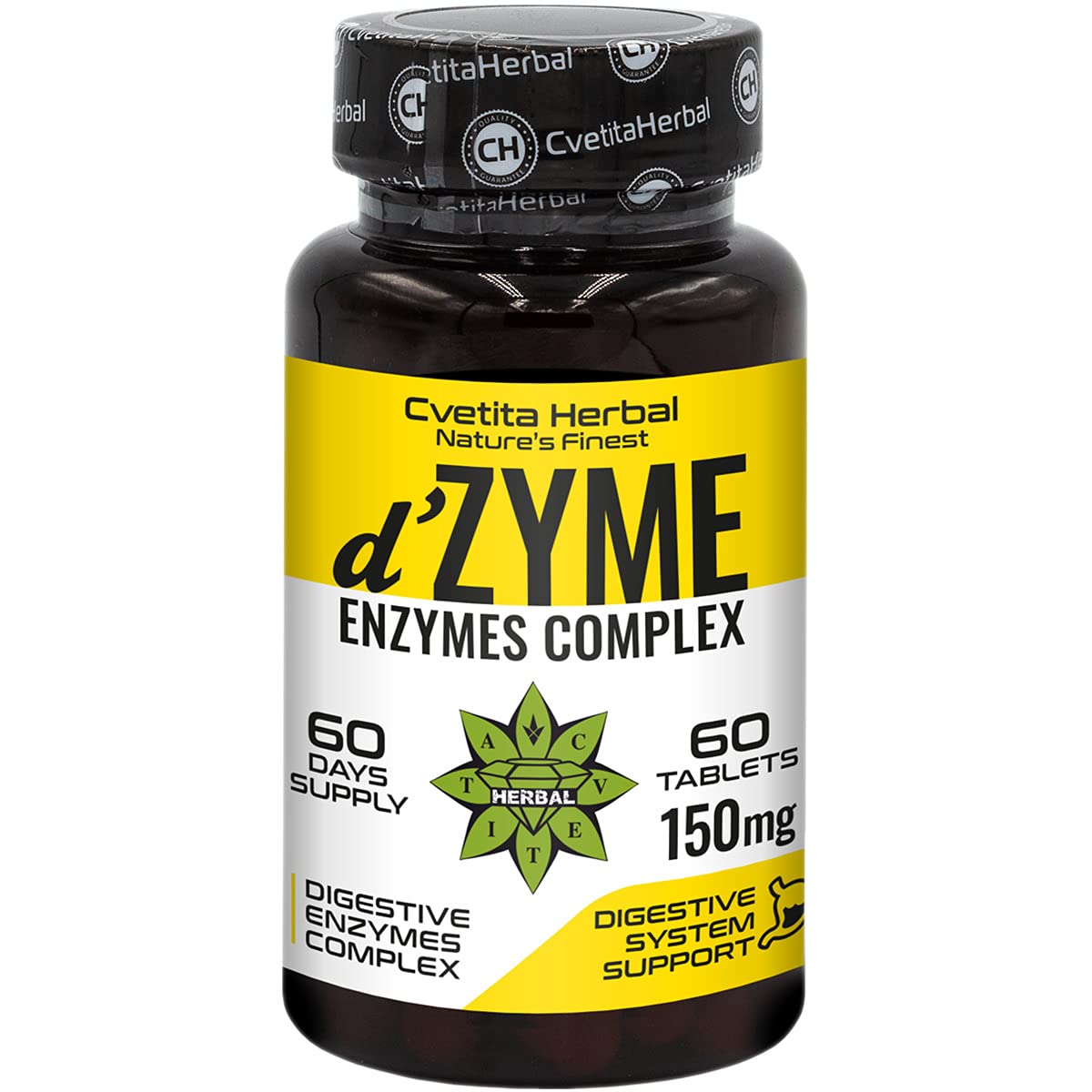 d'Zyme | Enzymes Complex 60 Tablets x 150 mg (2 Months Supply) | Multienzyme Complex (Amylase, Neutral Protease, Cellulase, Lactase, Lipase) | Natures Aid Digestive Enzyme by Cvetita Herbal (1)