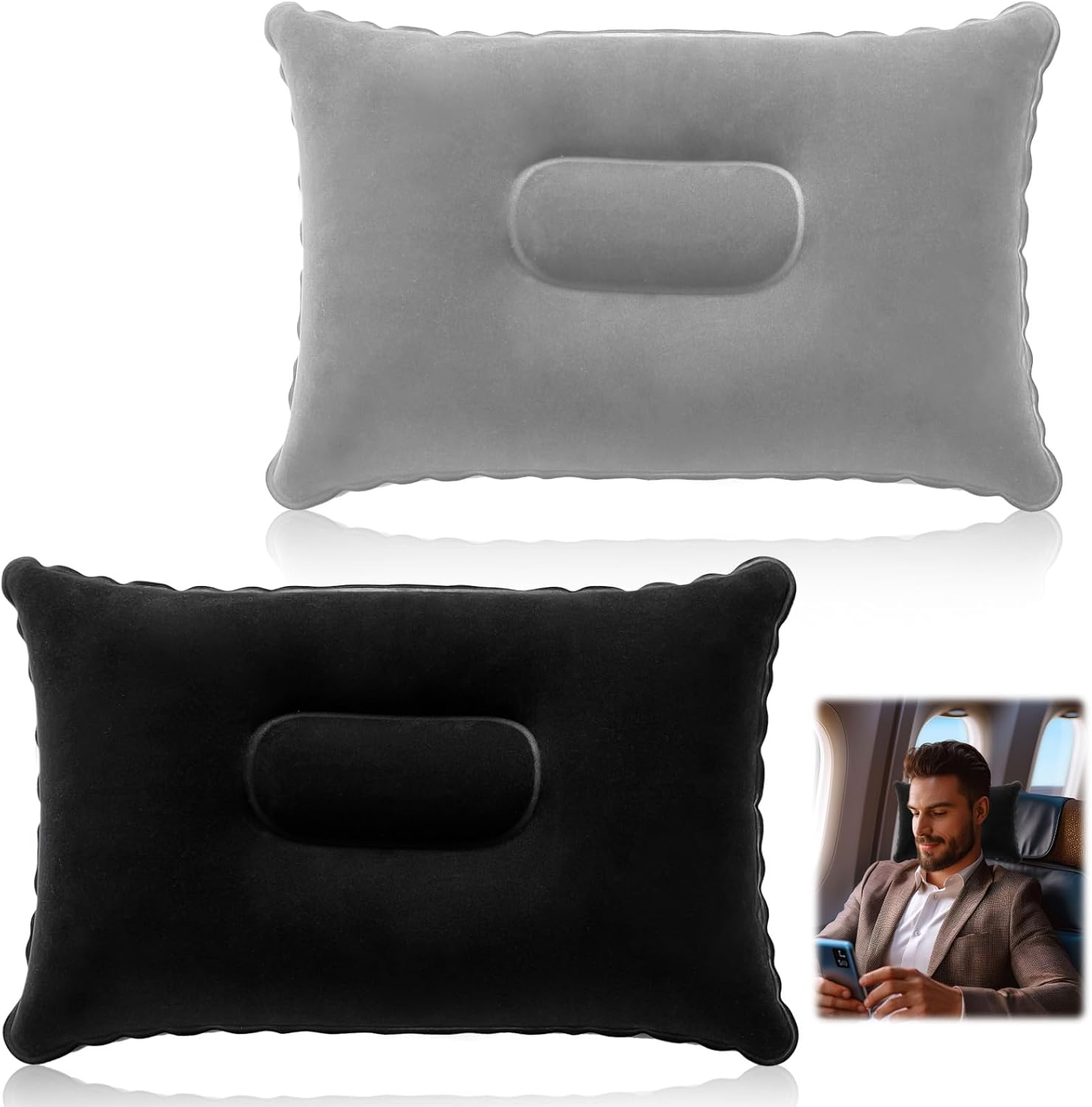 Hemlosk Camping Inflatable Blow Up Pillow for Adults 32x22cm Beach Travel Pillow Camping, Soft Flocked Surface for Sunbathing, Sunbed Neck & Lumbar Support, Hiking