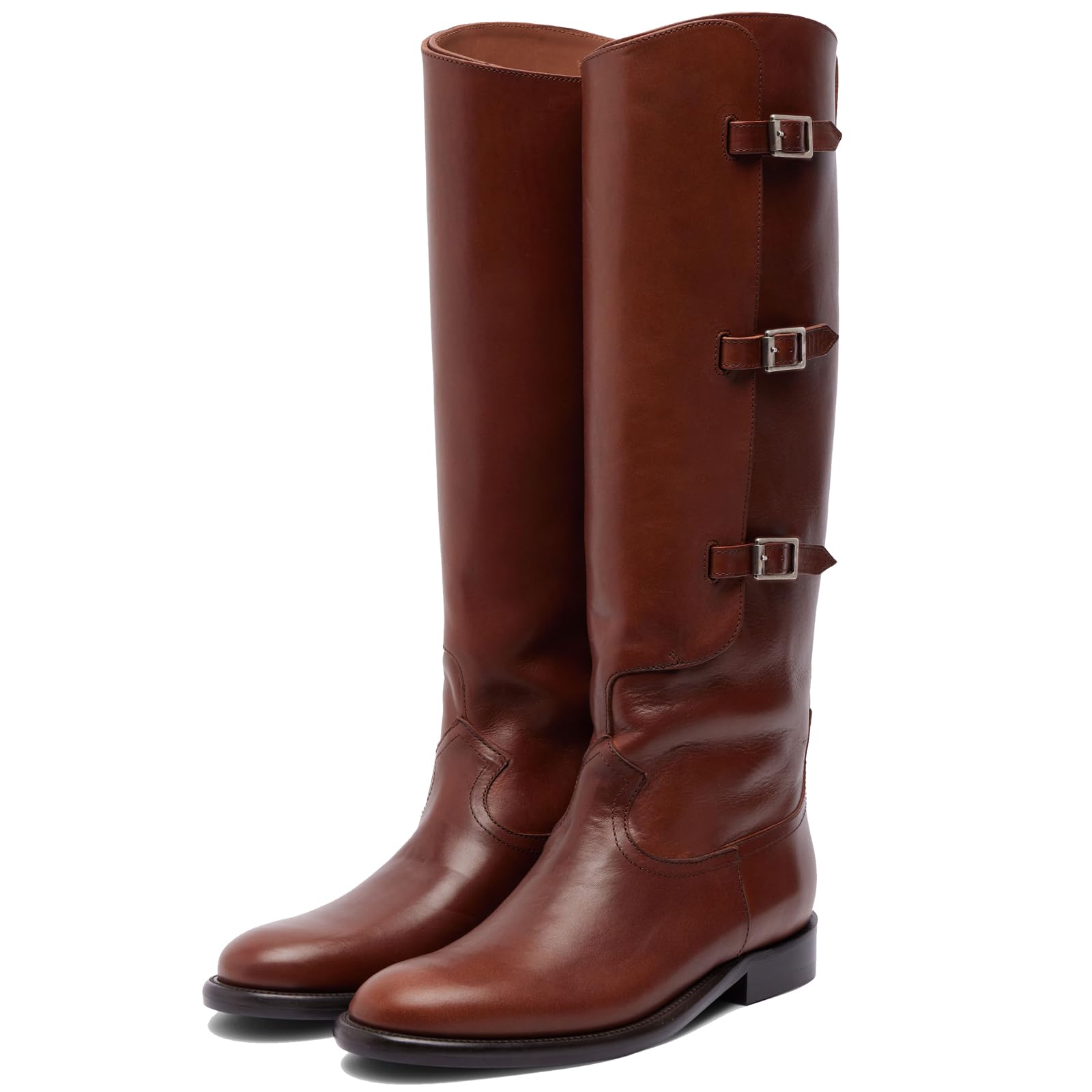 YIYA Womens Knee High Riding Boots with Buckle Wide Calf Round Toe Chunky Low Heels Biker Riding Motorcycle