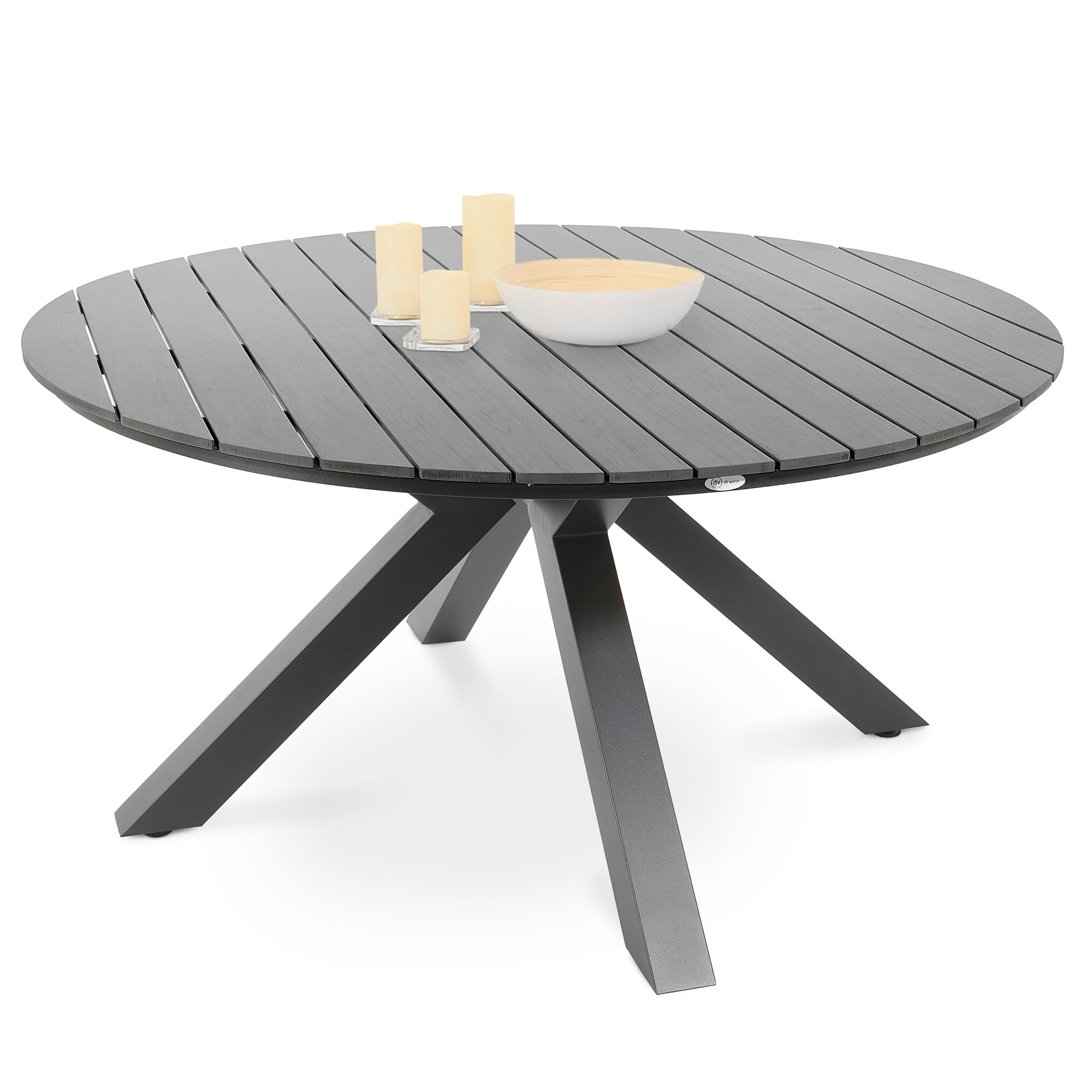 di volio Gartentisch Ravello 150 cm rund aus Aluminium Holzoptik wetterfest | 8 Personen, Nivellierfüße, X-Gestell, UV-beständig, pflegeleicht, leicht, Terrasse, Familienfeste