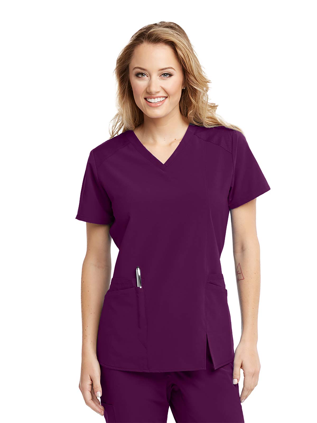 BarcoOne Wellness 4-Pocket V-Neck Top for Women - Stretch Medical Scrub Top - Red - X-Large