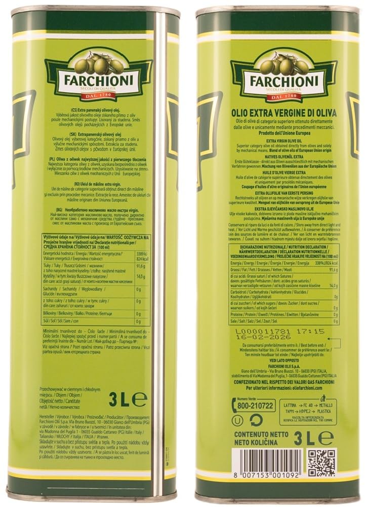 Farchioni - Olio Extra Vergine di Oliva (3 Litri) | Estratto a freddo | Latta da 3 Litri