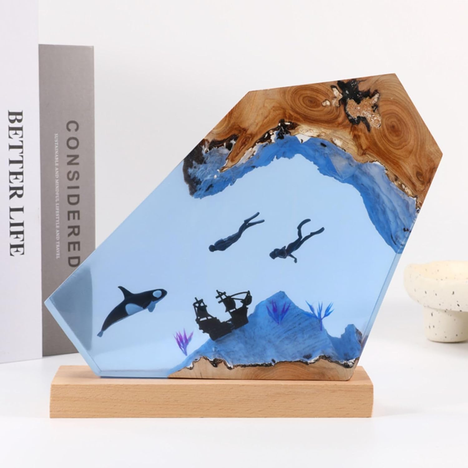 Creative Epoxy Resin Wood Light Lamp, Handmade Sea Diver Enthusiasts Led Lights Night Light,Deep Sea Cave Diving Nightlight, Aquatic Ocean Lamp Men's Desktop Decor Gift (Whale and Sea)