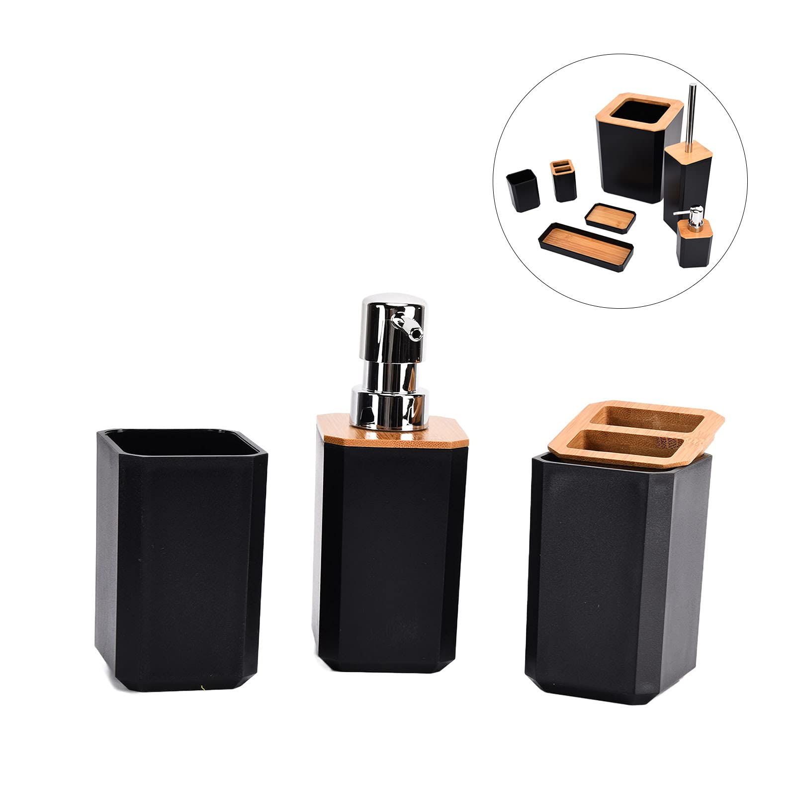 Aramox Juego de Accesorios de Baño de bambú Juego de Baño de 7 Piezas con Caja de ABS Soporte para Cepillo de Dientes Escobilla de Papelera y Bandeja para el del Hotel en Casa (Black)