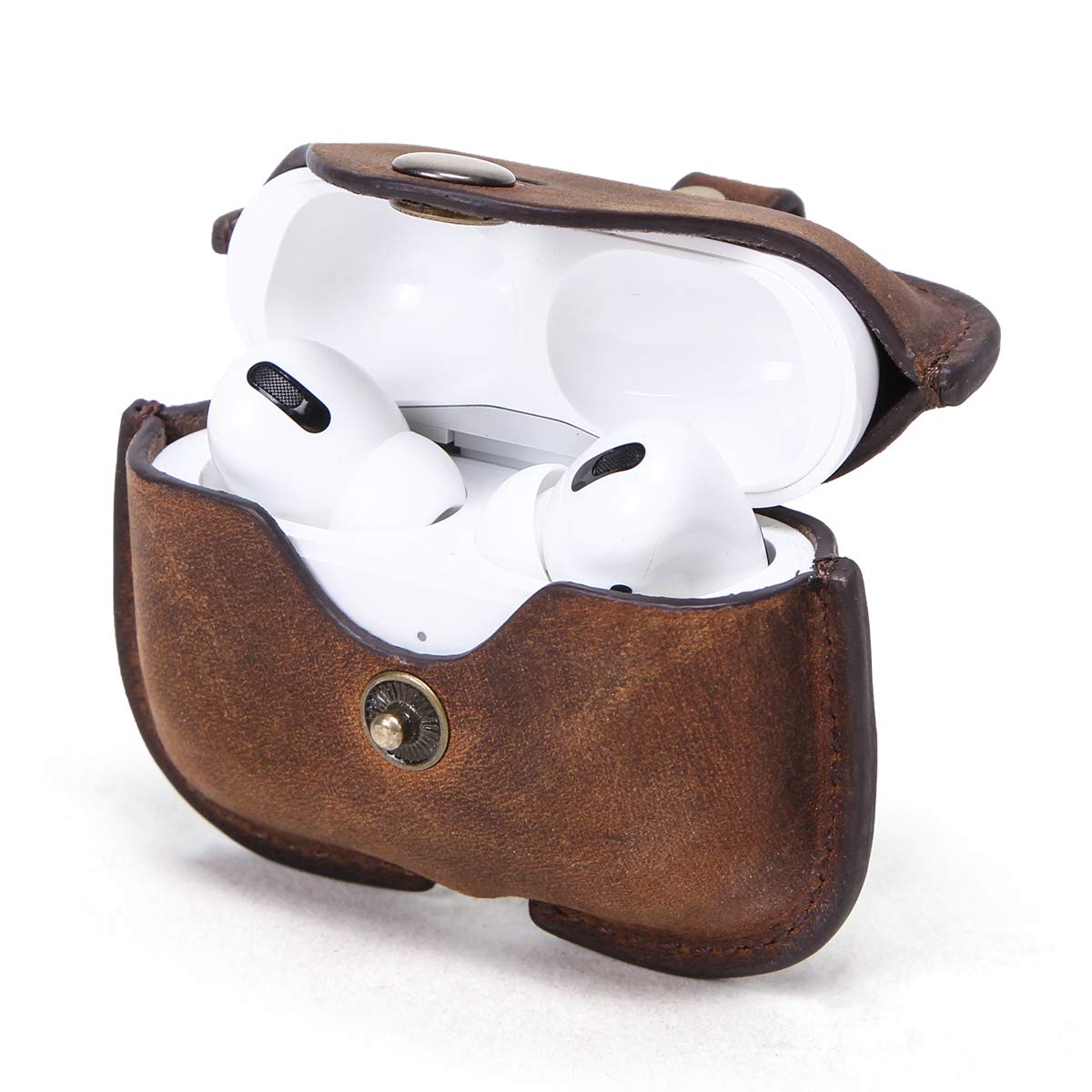 Hiram Genuine Leather Charging Case Cover for AirPods Pro(2019), Wireless Bluetooth Earphone Protective Holder Compatible with Airpods Pro 2, with Keychain Hook and Metal Snap, Coffee