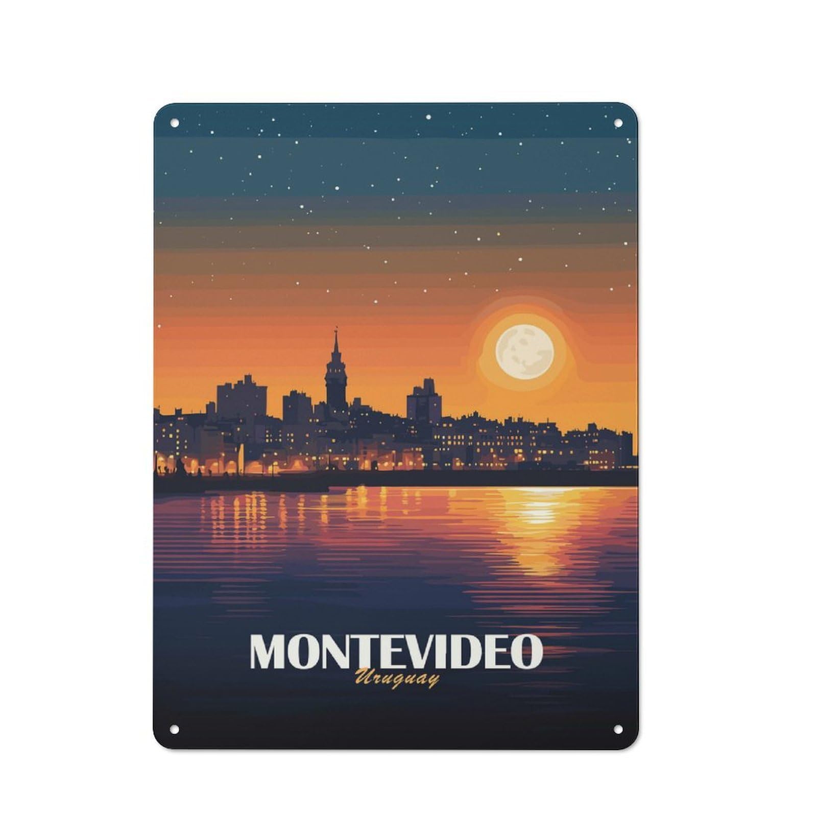 Shop Front Style Cafe Metal Sign 40x30cm Featuring Montevideo Uruguay Cityscape at Night, Restaurant Wall Art for Takeaway, Bar, Kitchen Or Counter Area