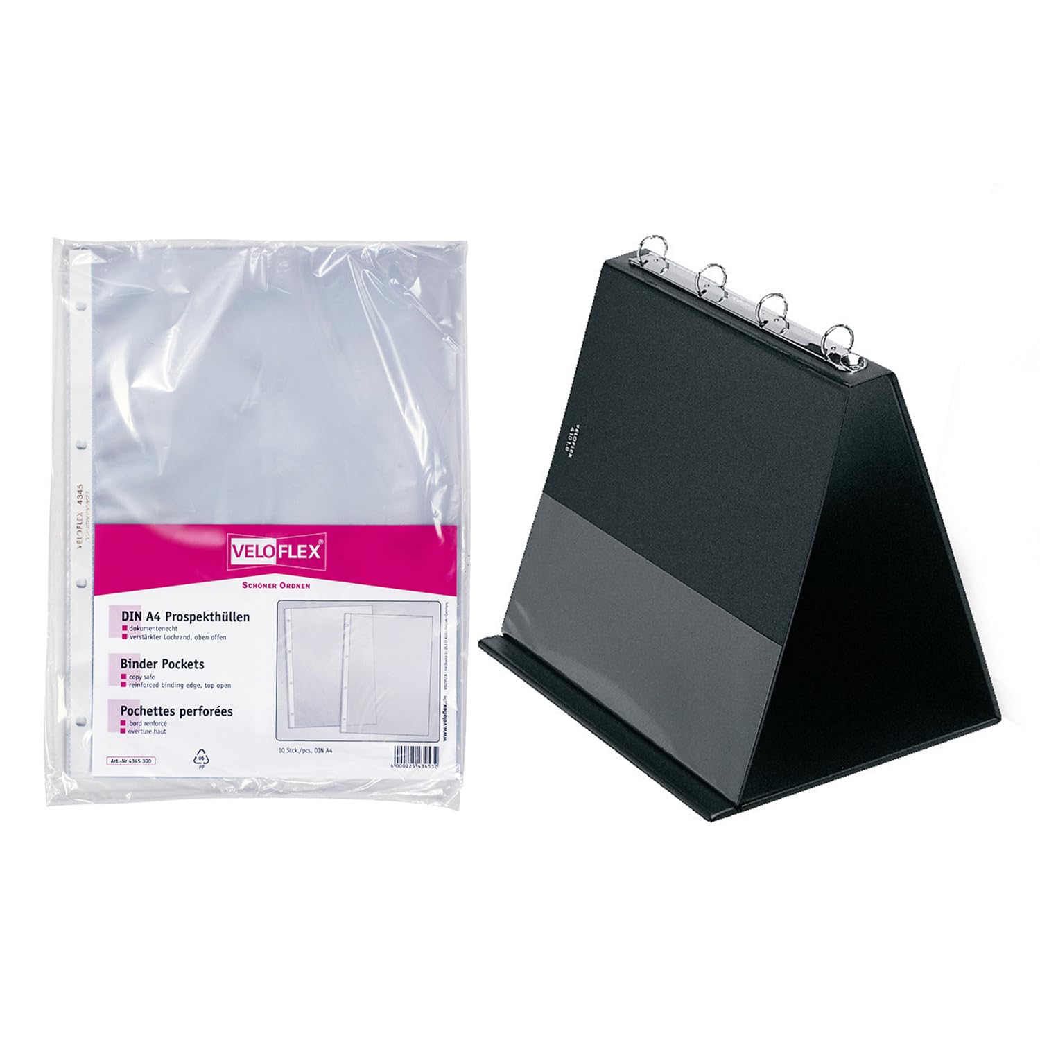 VELOFLEX A410108 Table Flipchart DIN A4 Landscape Black with 20 Document Sleeves Transparent Ring Binder Presentation 4-Round Ring Mechanism 20 mm