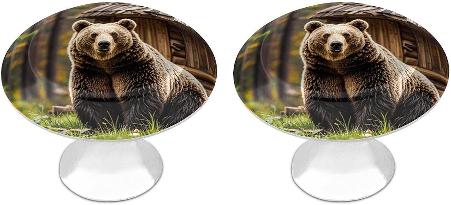 2 Pack Cabinet Knobs,Decorative Drawer Pulls, Brown Bear Forest Lodge
