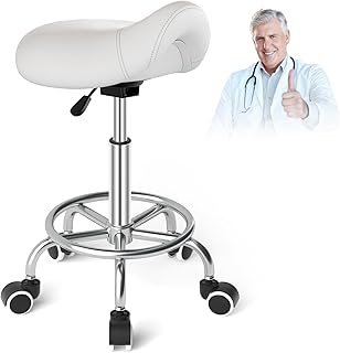 Tabouret Selle de Cheval pour Anti-mal de Dos, Tabouret Ergonomique à Roulettes,Tabouret Esthetique Réglable en Hauteur de 46 à 59cm, Tabouret Roulettes avec Coussins Rembourrés pour Dentiste (Blanc)
