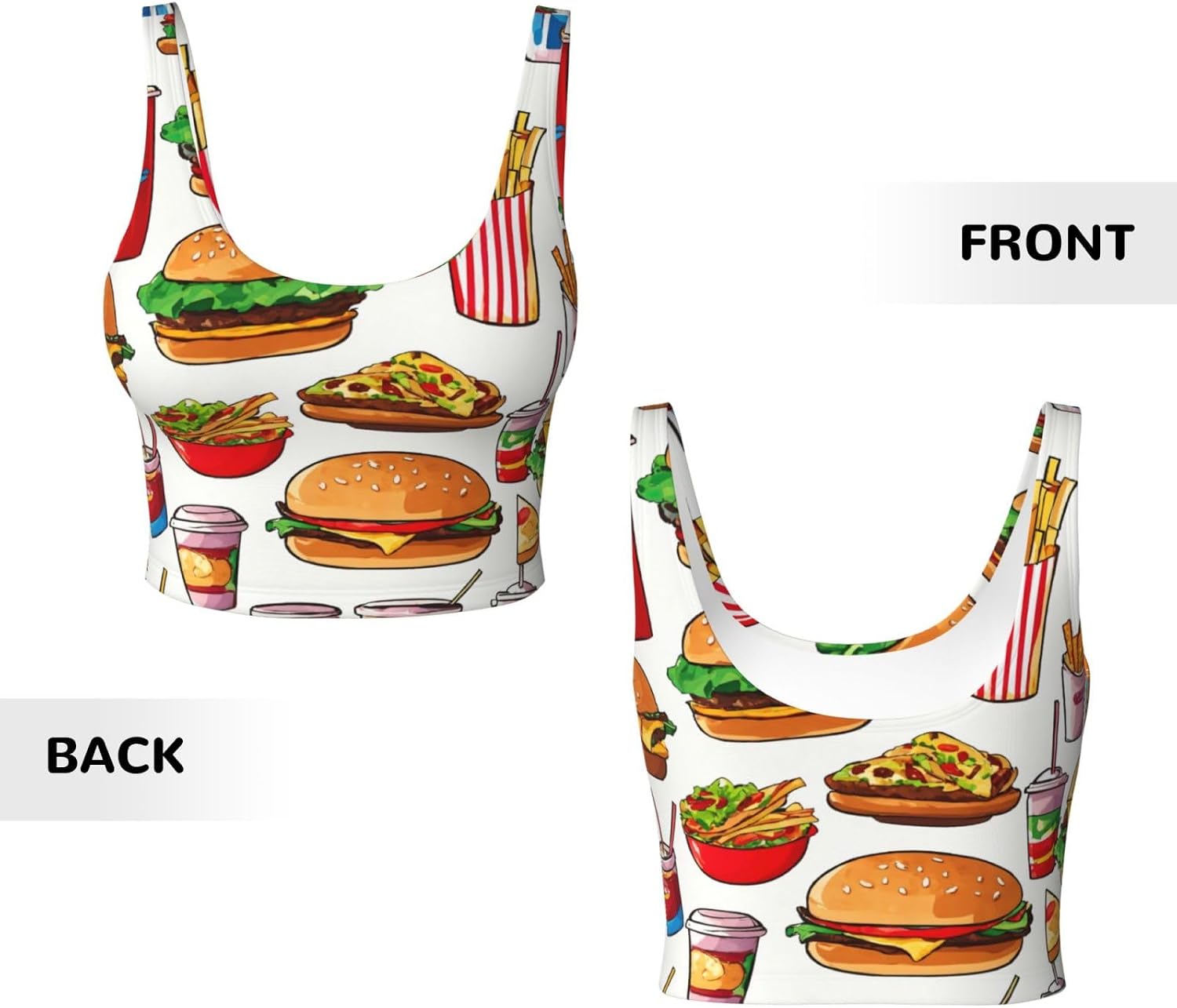 Fast Food Print High Impact Sports Bras,Longline Sports Bra,Perfect for Yoga,Running and Gym Workouts