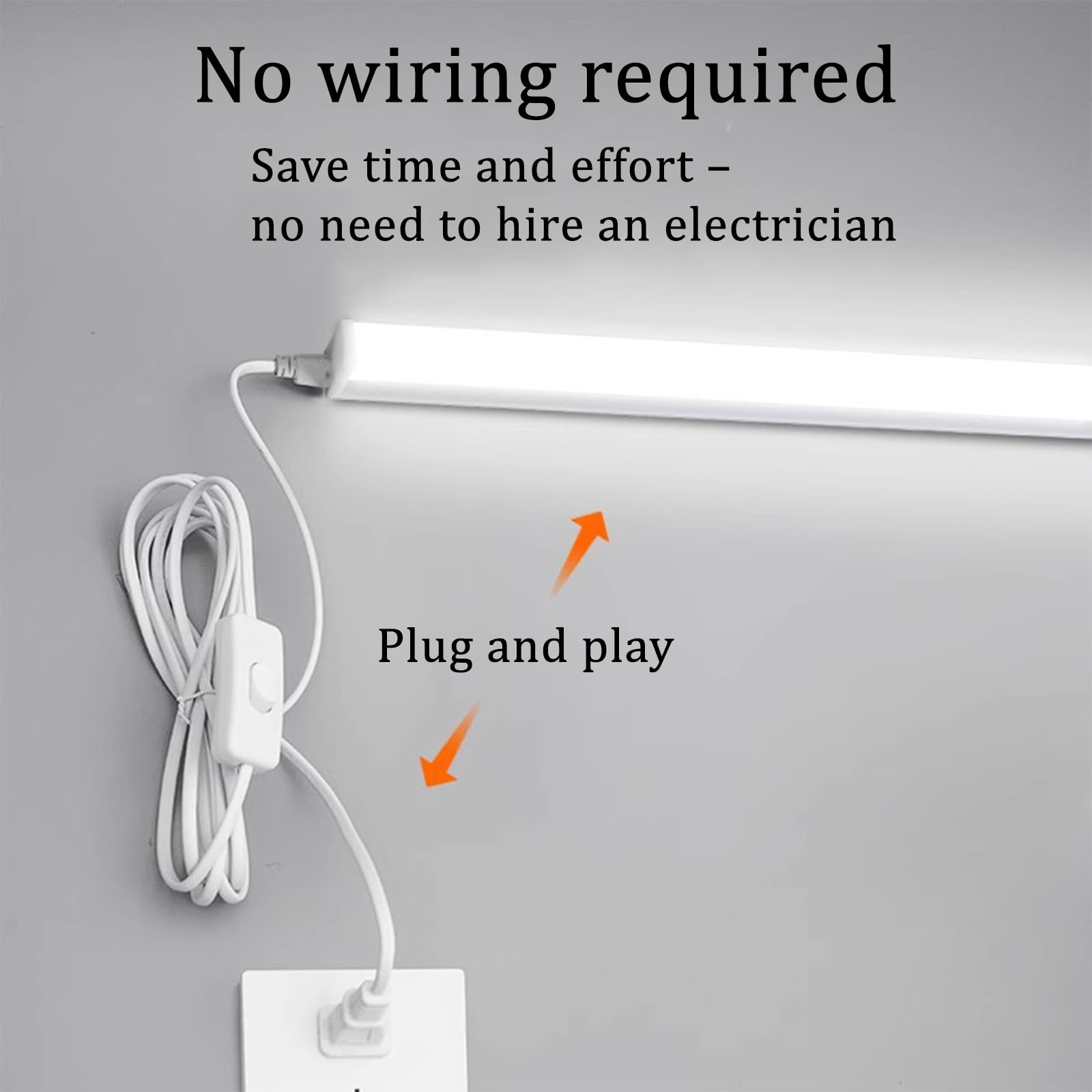Lampa ścienna LED z przełącznikiem i kablem wtykowym, nowoczesna lampa ścienna, do kuchni, czytania, do salonu, sypialni, szafki kuchennej, stołu warsztatowego (białe, naturalne światło, 90 cm)