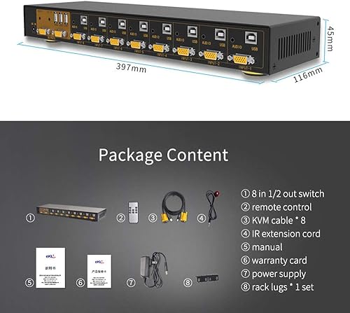 Miniatura 7 de eKL Conmutador KVM VGA de 8 puertos en 2 salidas Switch 8x2 Soporta teclado básico y ratón Audio USB 2.0 Dispositivos compartiendo 8 computadoras