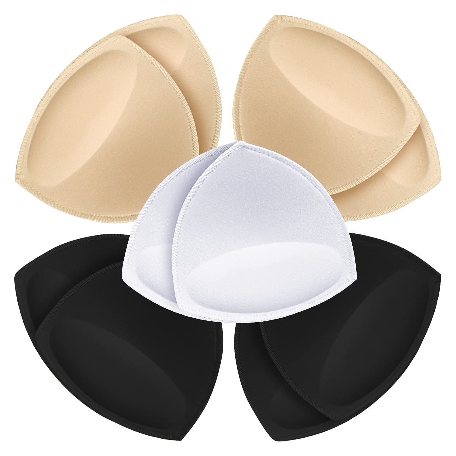 SKENGWEL 5 pairs Women's Triangle Bra Pads Inserts Removable Push Up Sports Bra Cups Replacements For Bikini Top Swimsuit (Triangle 5 Pairs 3 Color C/D)