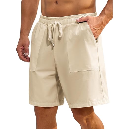 Shorts masculinos – Casual Algodão Cordão Verão Praia Stretch Sarja Chino Golf Shorts Cintura Elástica com Bolsos