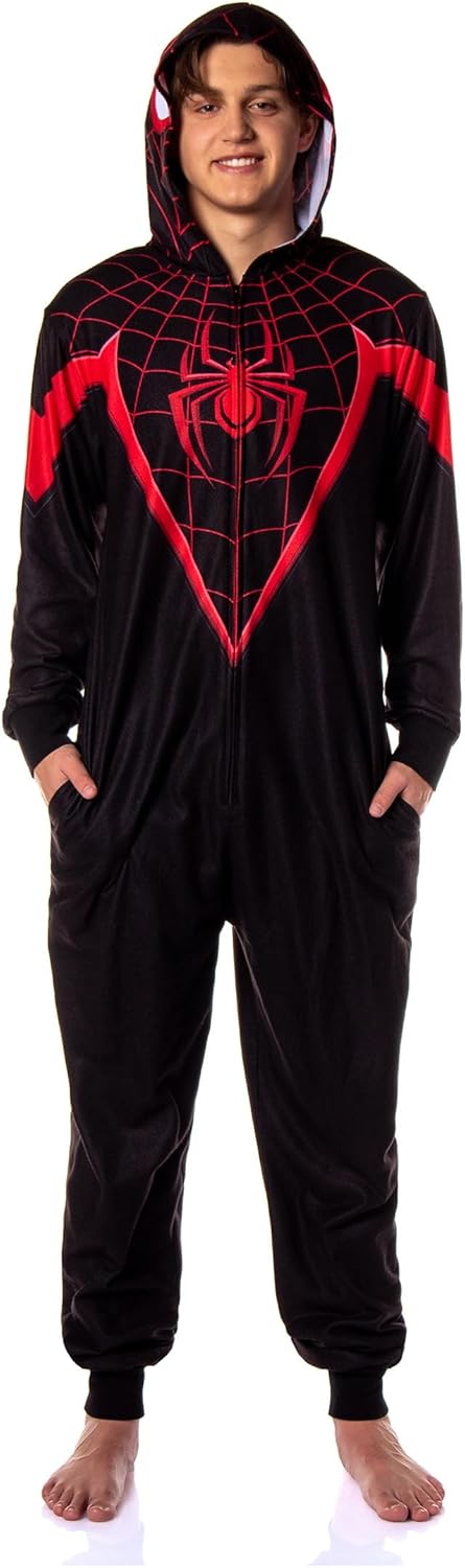 Marvel Spider-Man Miles Morales Union Suit Adult One Piece Hooded Pajamas
