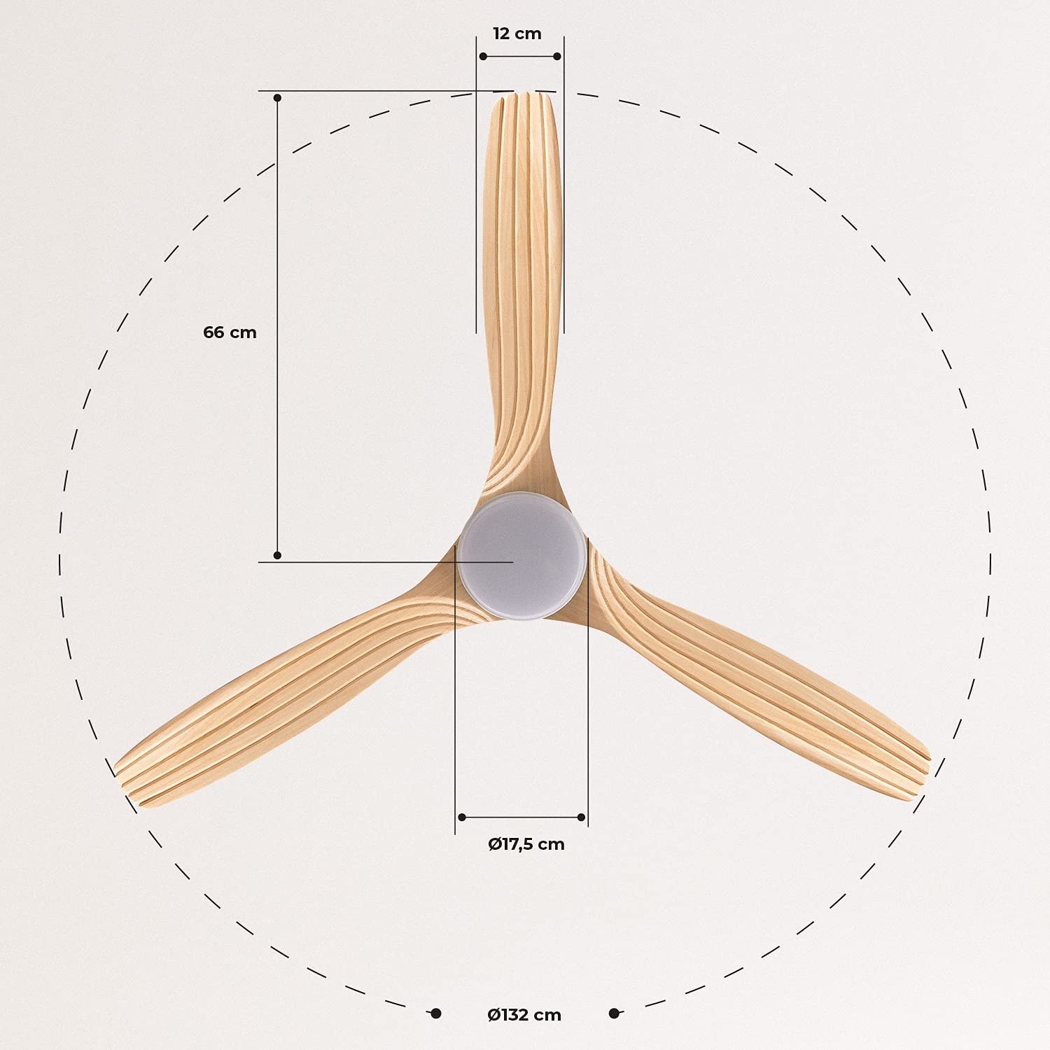 CREATE/WINDCUP/Ventilador techo con luz blanco aspas madera clara con mando / 40W, silencioso, Ø132 cm, 3 temperaturas de luz, 6 velocidades, 2 alturas, función verano-invierno