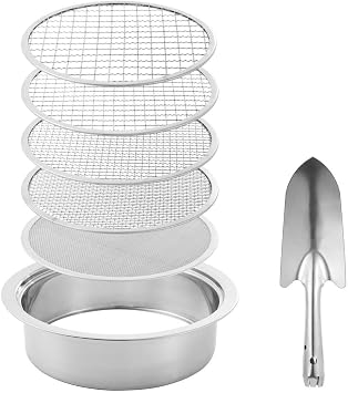 Stainless Steel Sieve Set with 5 Interchangeable Mesh Sizes for Potting Soil, Includes Handy Blade for Gardening