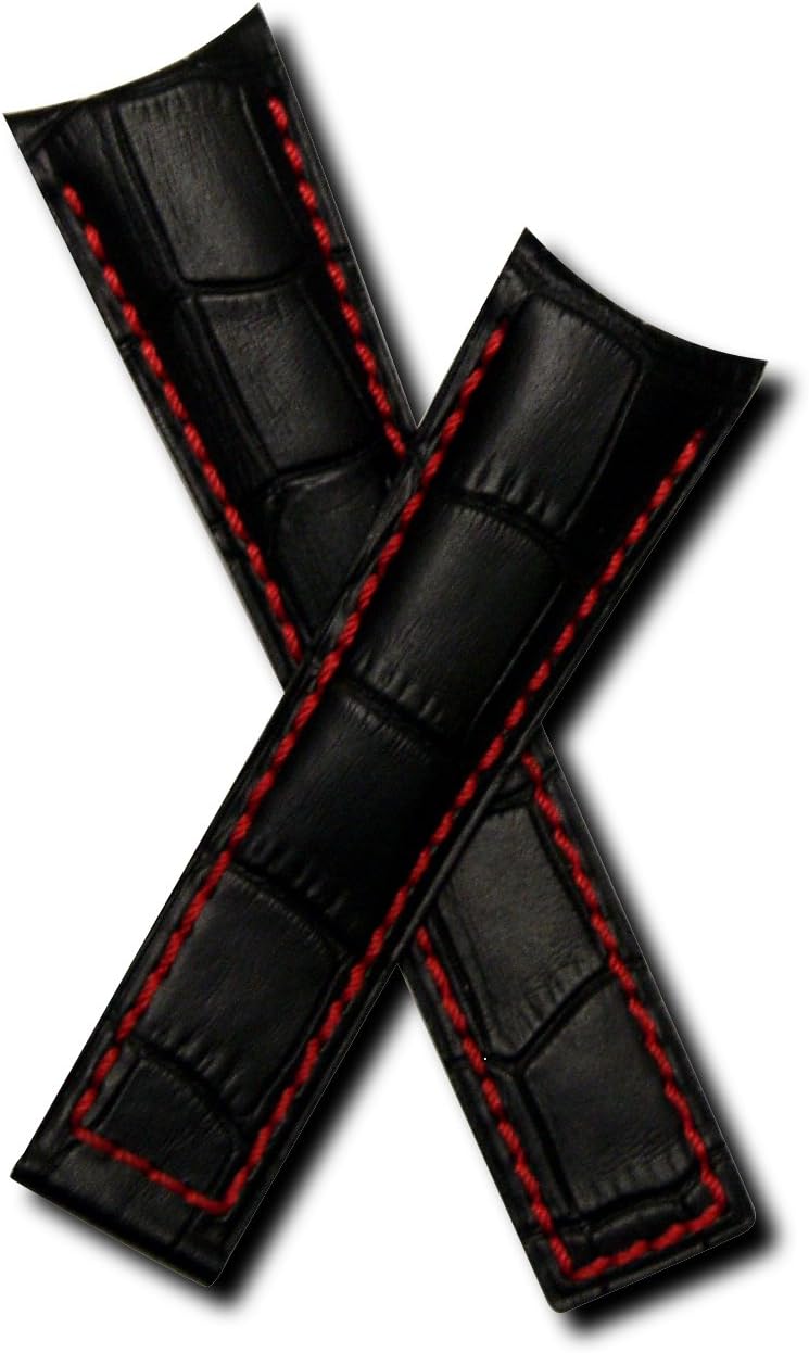 TH-GC-01-0531 - 22 mm Black Crocodile-Style Leather Deployment Watch Strap with red Stitching and red Leather Lining Compatible with TAG Heuer Carrera and Grand Carrera Models Listed