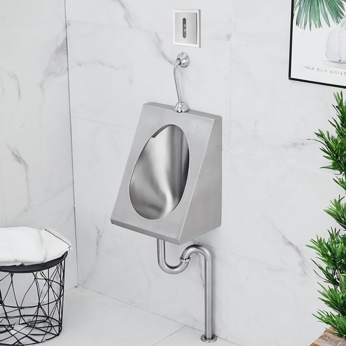 Stainless Steel Urinal for Men, Intelligent Flushing Urinals, Wall Mounted, Automatic Sensor, Hands Free Operation, Spill Proof, Hygienic Design, Durable Commercial Grade Toilet