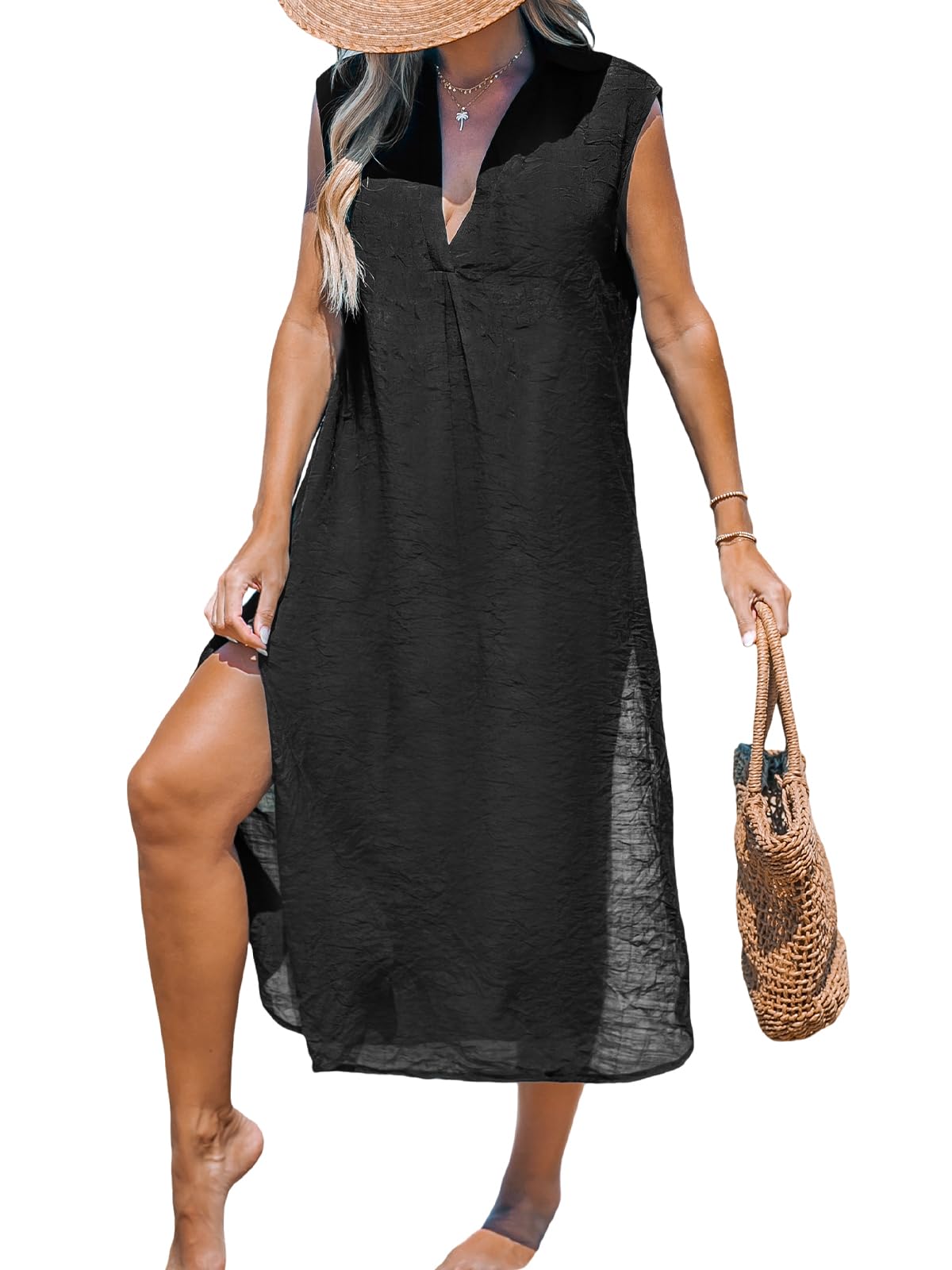 CUPSHE Womens Swimsuit Coverup Casual Sleeveless Side Split Long Cardigans V Neck Midi Beach Dress