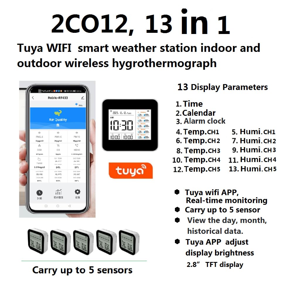 13-in-1-Tuya-WLAN-Intelligentes Thermometer-Hygrometer, präziser Temperatur- und Feuchtigkeitsmesser für den Innenbereich mit Zeit-/Kalender-/Alarmanzeige, unterstützt Remote-App-Steuerung für das