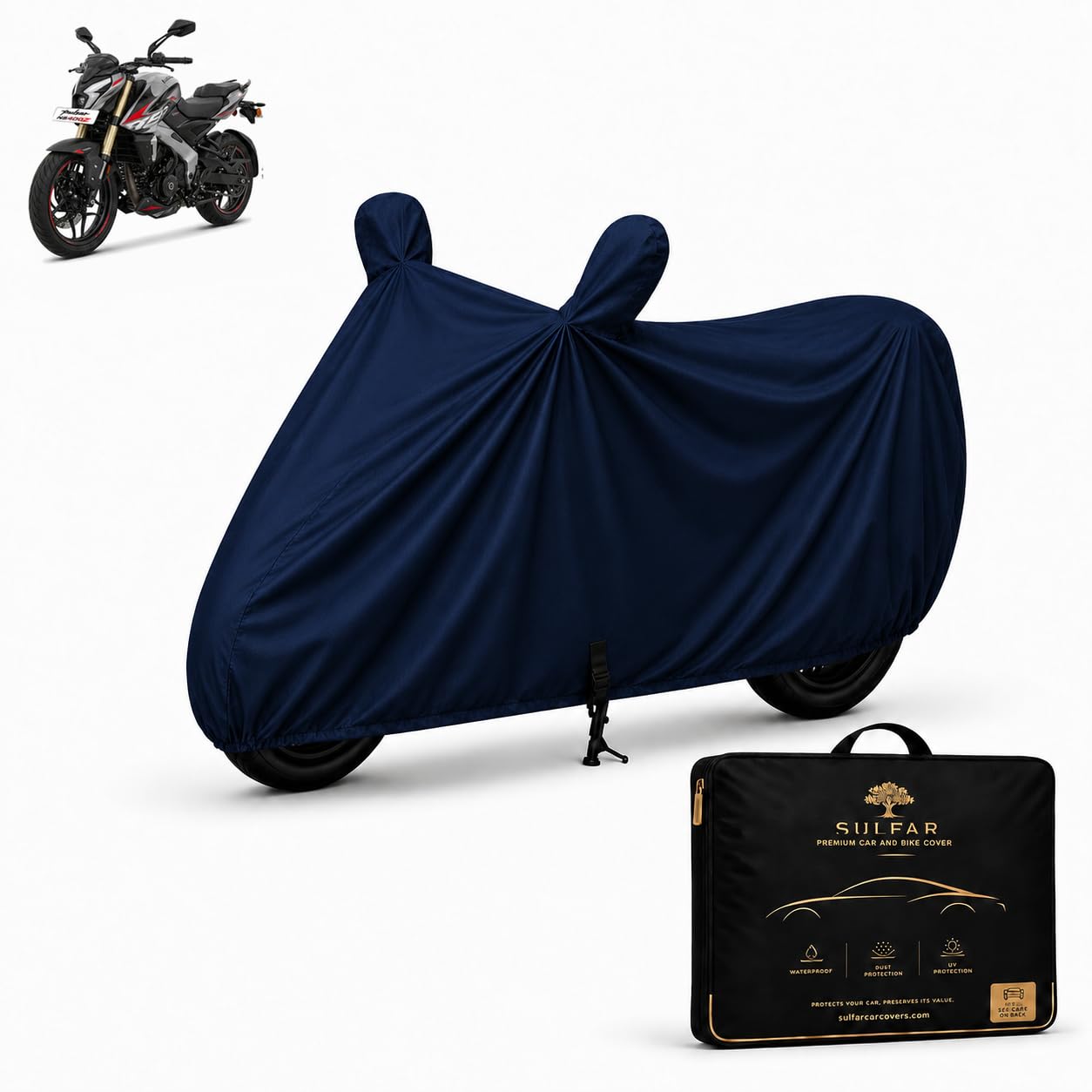 Sulfar Big Bike Cover for Bajaj (Pulsar NS400Z) with Premium Storage Bag | Tafetta Water Resistant, Dustproof & UV Protected | All Weather Two Wheeler Cover (Navy Blue)-image-48
