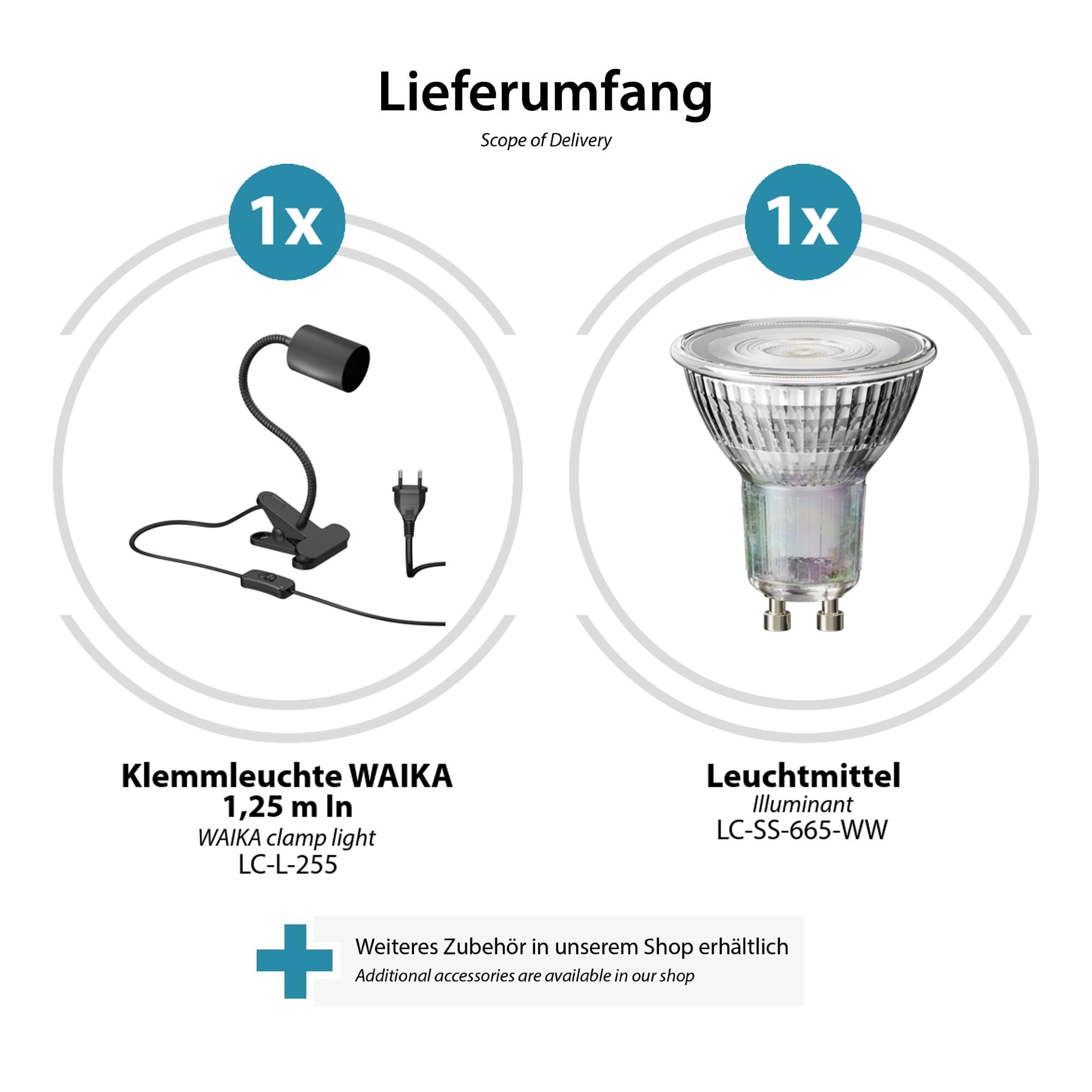 ledscom.de 2x lámpara de pinza WAIKA cuello de cisne e interruptor negro mate GU10 LED, PAR16, blanco cálido, 6,05W, 374lm, 70°, regulador de intensidad de 3 niveles