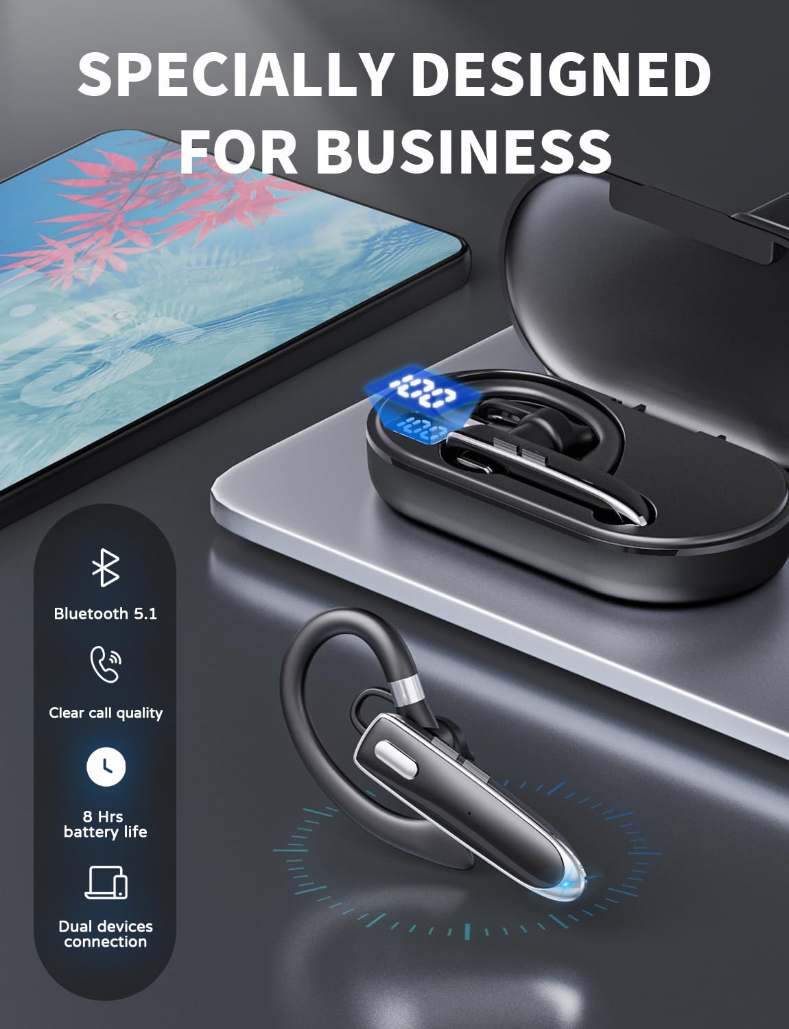 Oreillette Bluetooth à une oreille avec Bluetooth 6.1, casque Bluetooth pour 100 heures de veille, batterie 800 mAh, casque sans fil avec micro, casque Bluetooth pour conduite, travail, camionneur