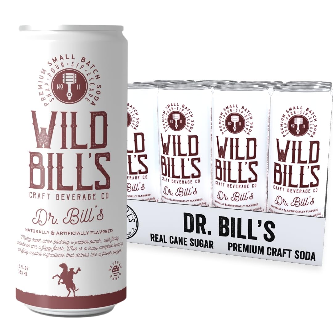 Wild Bill's Black Cherry Soda Classic Craft Soda Pop Soft Drinks, Sodas Made with Pure Cane Sugar, Caffeine Free, NO High Fructose Corn Syrup, Gluten Free, Vegan, Low Sodium, 12 Oz 12 Pack