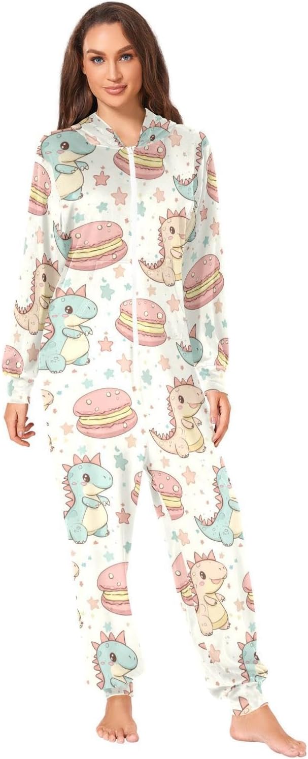 ZZKKO Cartoon Cute Dinosaur Macaron Adult Onesie Pajamas for Women Men Cozy One Piece Pajamas Costume Zip-Up Hooded S-XL