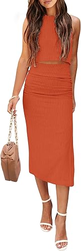 Miniatura 9 de PRETTYGARDEN Conjunto de 2 piezas de verano para mujer con cuello redondo camiseta sin mangas con abertura entallado falda por debajo de la rodilla