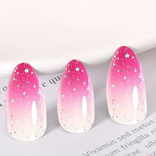 Miniatura 2 de RIMUDECURE Uñas postizas a presión de gelatina rosa brillante, hechas a mano, serie de uñas postizas con forma de almendra mediana, con purpurina,