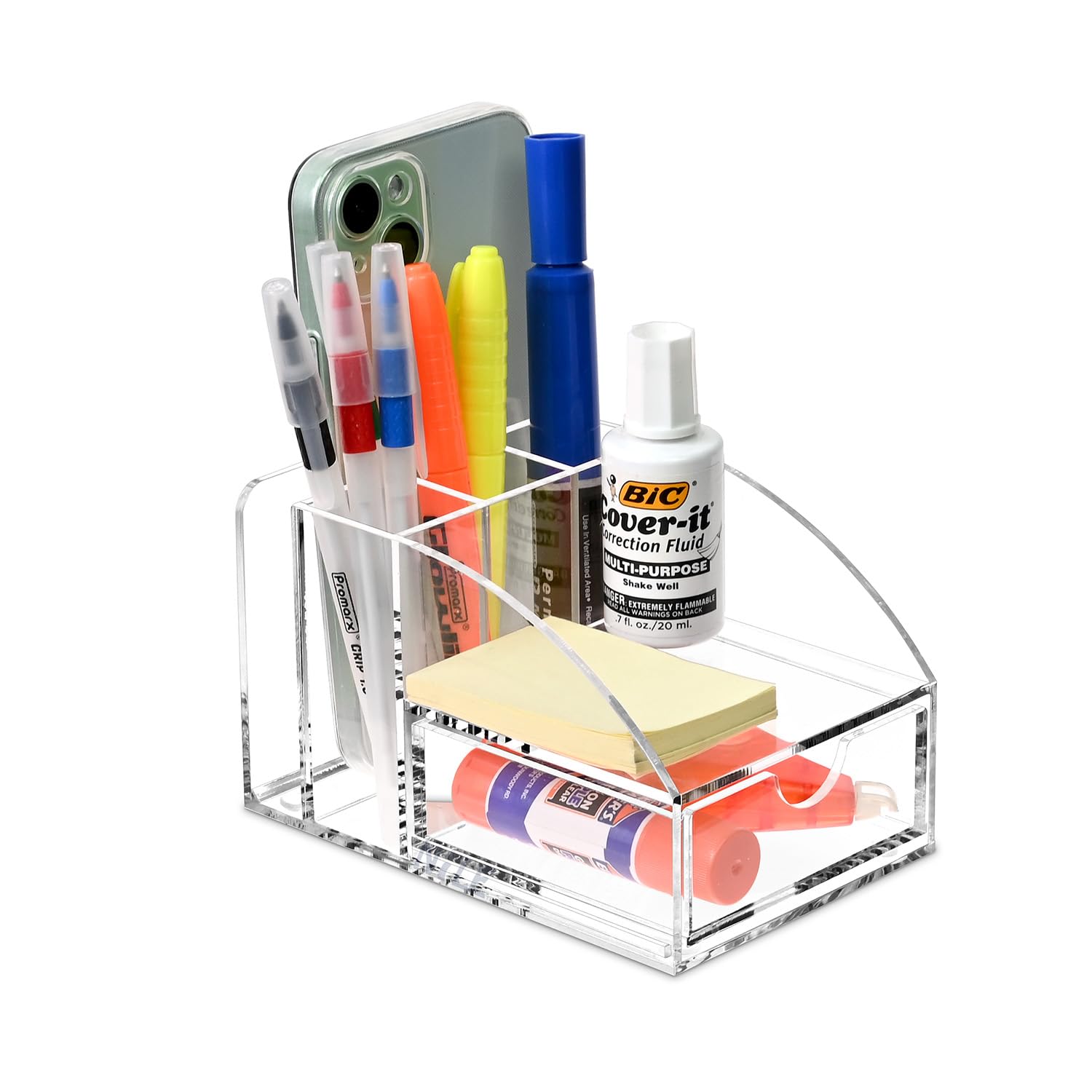 Ikee Design Acrylic Premium Desktop Office Supplies Organizer with Post It Note Pad Holder, Mail Storage and 3 Pencil Slots Pencil Holder, Office Supplies, 3 7/8 W x 5 7/8 D x 3 1/2 H in