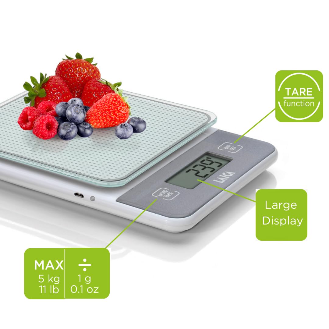 Bilancia elettronica da cucina LAICA, bilancina digitale, per cucinare, in grammi o once, display LCD ad alta precisione in vetro temprato, funzione Tara, ricaricabile - Portata di 5 kg