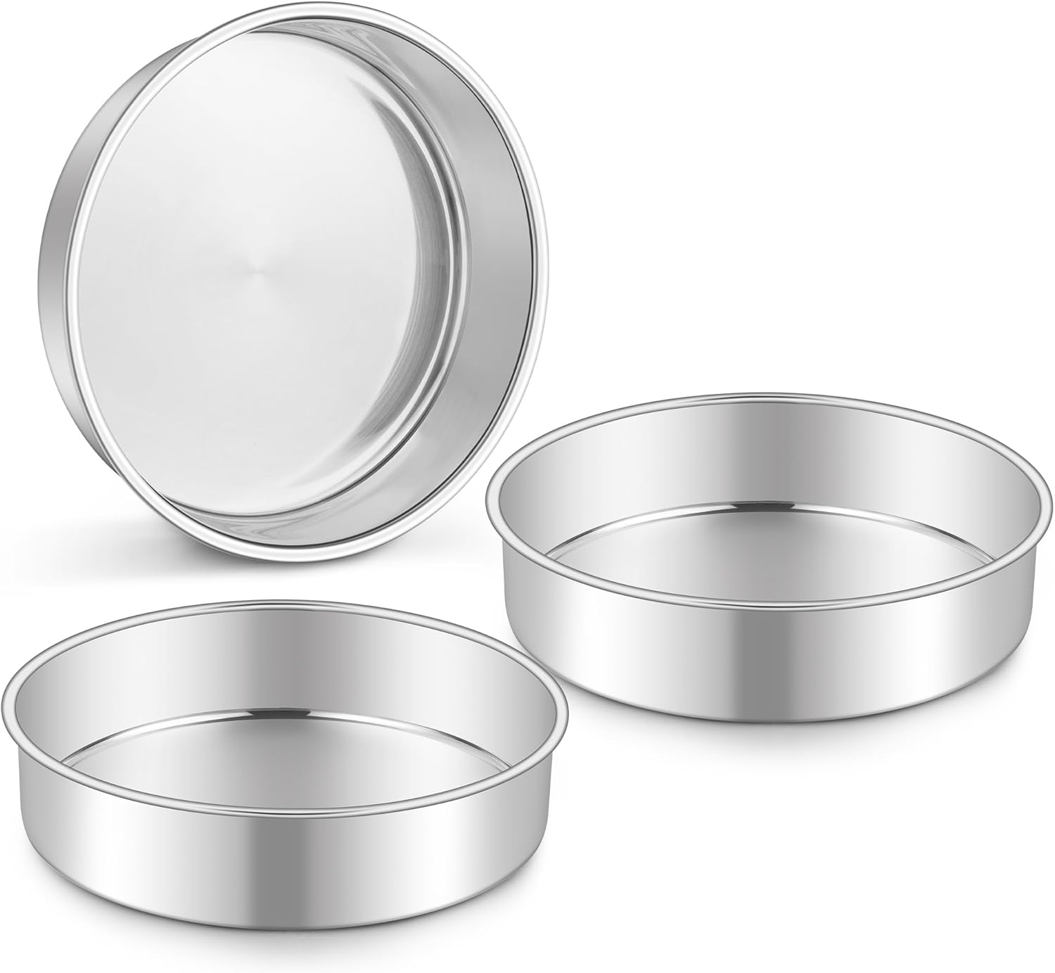 Homikit Round Cake Pan Set of 3, 8 Inch Stainless Steel Layer Cake Tins for Baking, Mirror Finish Bakeware for Wedding Birthday Baby Shower Party, Oven & Dishwasher Safe