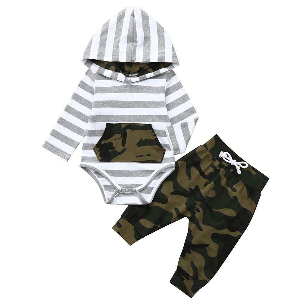 Jimmackey Neonato Striscia Incappucciato Pagliaccetto Manica Lunga Tutine Body + Camouflage Pantaloni Bambino Completini