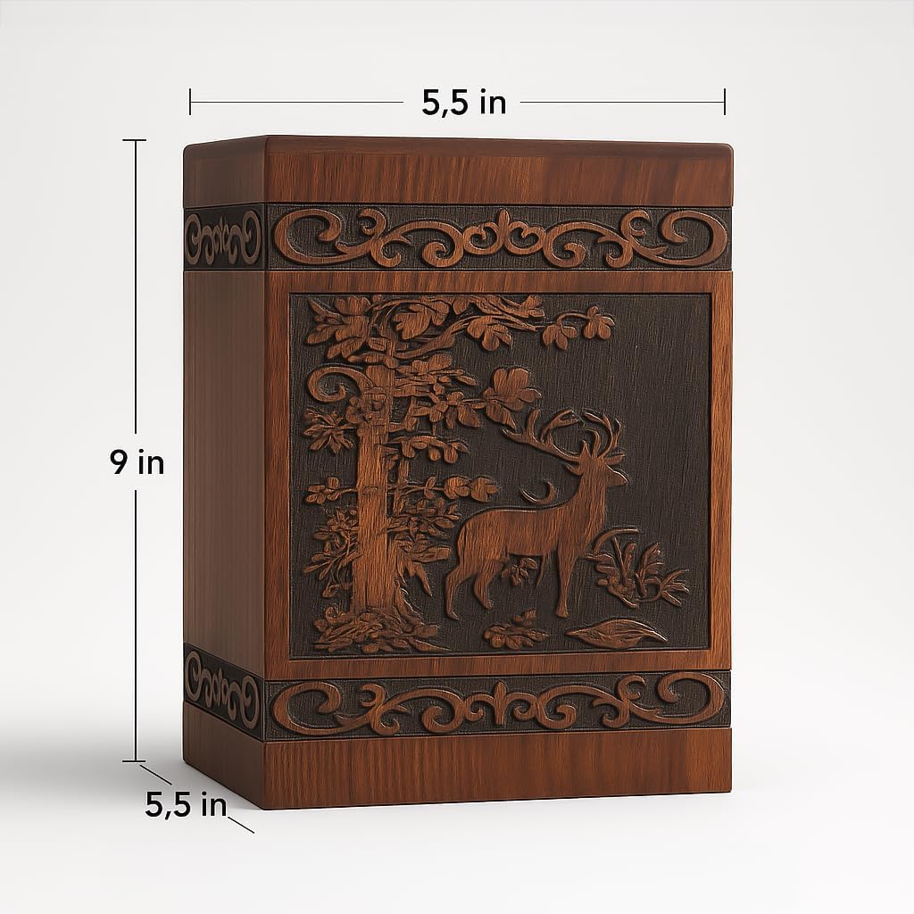 Wooden Cremation Urns Box for Human Ashes, Memorial Keepsake Boxes for Adults, Male/Female,Child, Pets Dog Cat Wood Burial Funeral Container (Deer) Urn, Capacity (Large (180 lbs- 82 kg))